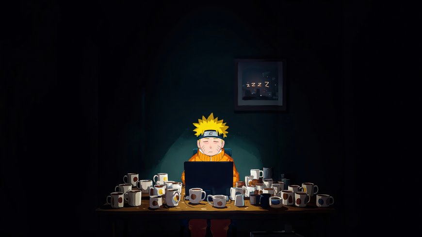 火影忍者鸣人伏案沉睡咖啡杯环绕温馨动漫场景电脑壁纸