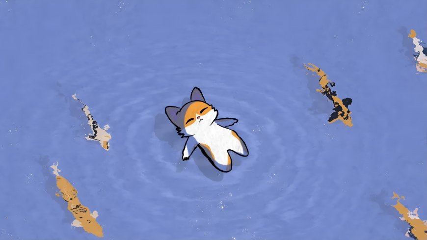 漂浮猫猫锦鲤环绕蓝色水面治愈系可爱卡通电脑壁纸