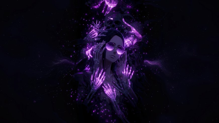 黑发少女戴墨镜紫色骷髅手环绕暗黑奇幻风格动漫人物电脑壁纸