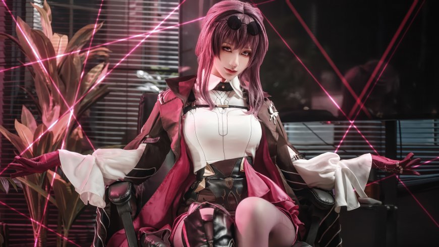 崩坏星穹铁道卡芙卡粉发墨镜坐姿赛博霓虹风cosplay美女电脑壁纸