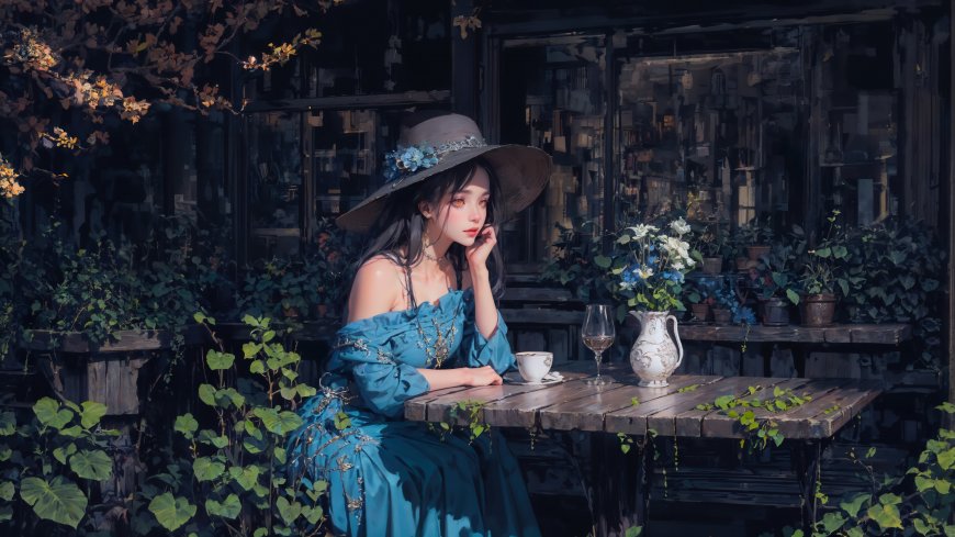 蓝裙少女花园露台托腮沉思绿植环绕复古油画风绘画人物电脑壁纸