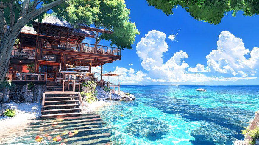 木质海景小屋建于礁石之上阶梯直通碧蓝海水绿树遮荫白云朵朵清新治愈系插画电脑壁纸