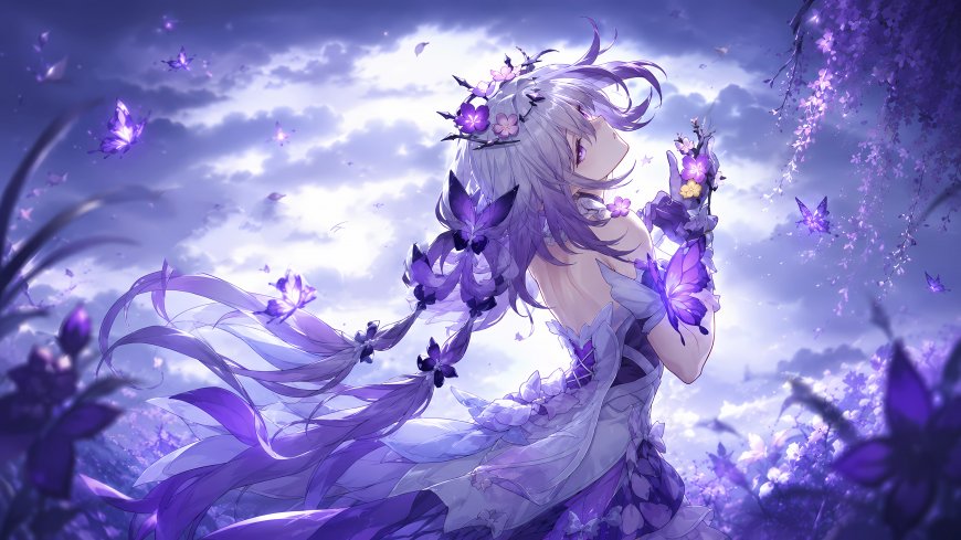 紫发少女头戴花环身披蝶翼立于紫色花海之中蝴蝶翩跹光影柔和唯美浪漫动漫人物电脑壁纸