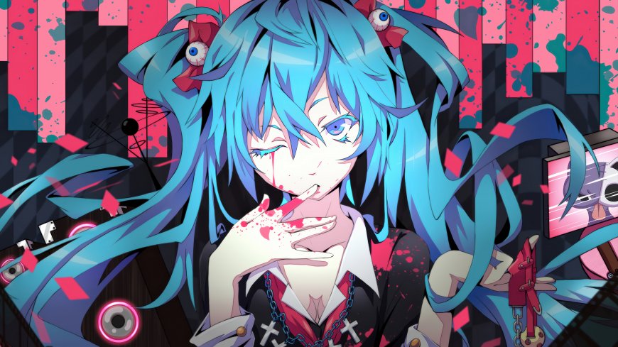 初音未来病娇风格蓝发眨眼手指沾血暗黑创意动漫人物电脑壁纸