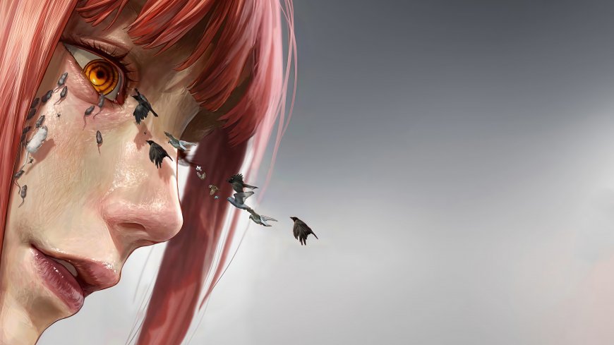 电锯人玛奇玛侧脸特写飞鸟掠过眼眸超现实创意插画人物电脑壁纸
