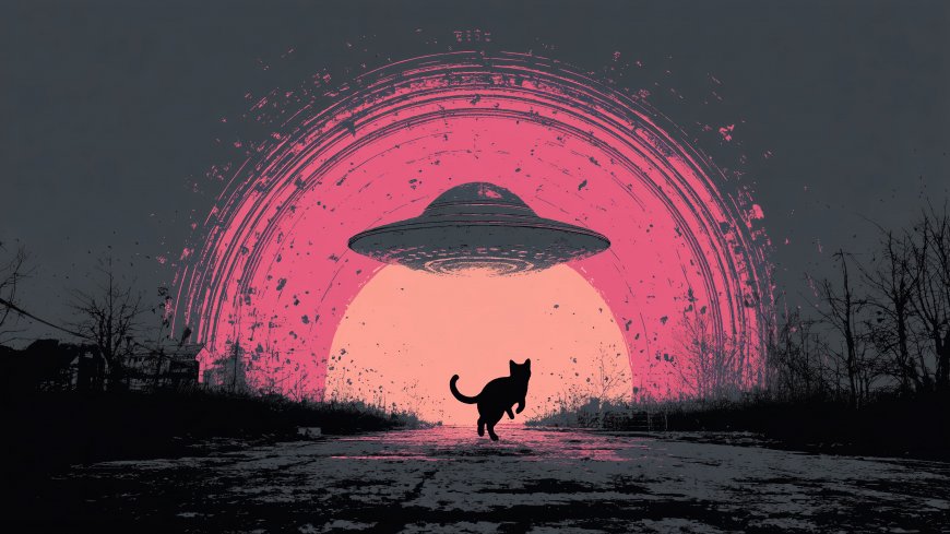 黑猫剪影飞碟降临粉色夕阳末日科幻风创意插画电脑壁纸