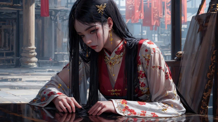 古风汉服少女窗边凝思金饰红花点缀唯美意境人物动漫电脑壁纸