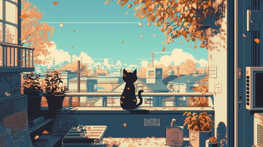黑猫背影秋日阳台落叶纷飞像素风插画电脑壁纸