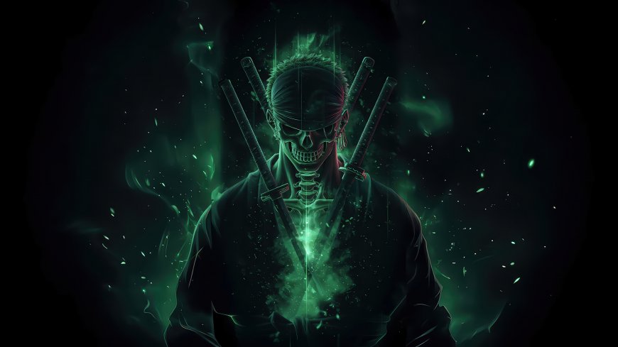 绿色幽灵索隆三刀流骷髅形态暗黑奇幻风格动漫人物电脑壁纸