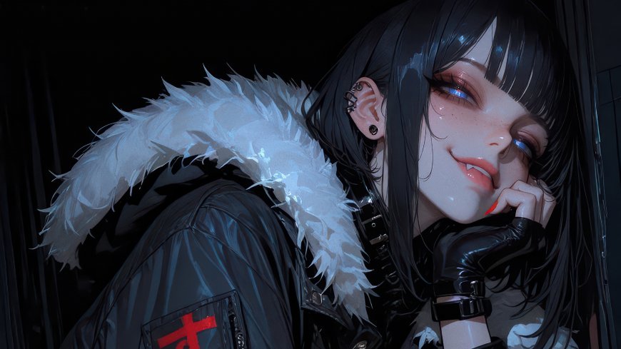 黑发少女毛领外套托腮微笑赛博朋克风人物插画电脑壁纸