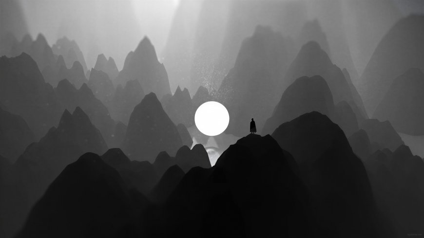 黑白剪影人物山顶望月意境古风风景电脑壁纸
