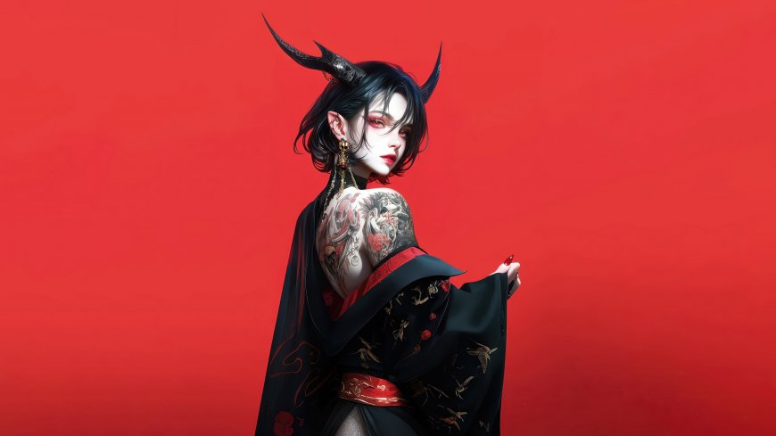 和服鬼角纹身美女红色背景日式暗黑风格人物电脑壁纸
