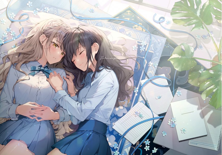 画师雪子双少女依偎床榻蓝裙花饰治愈系动漫少女电脑壁纸
