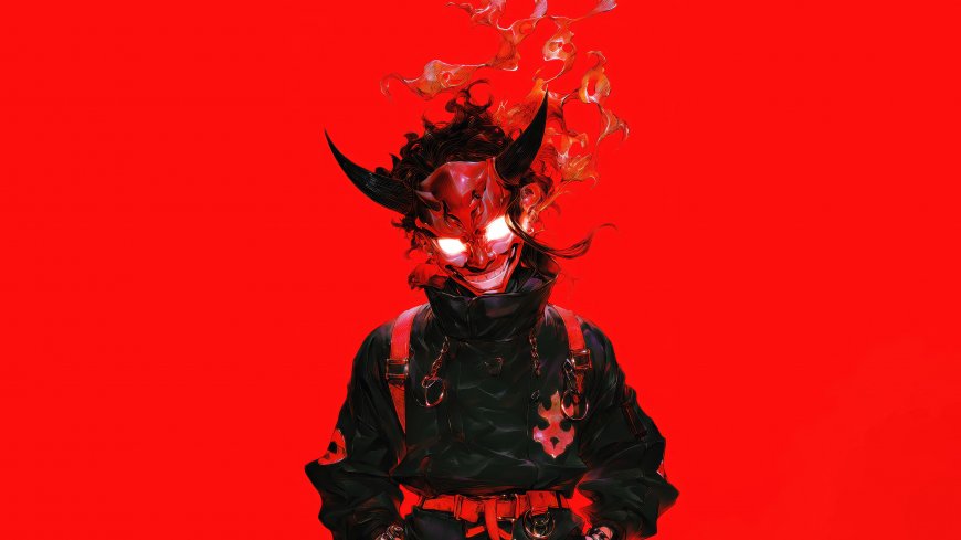 鬼面恶魔少年燃烧火焰红色背景暗黑风格动漫电脑壁纸