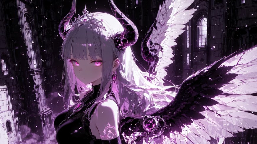 暗黑天使少女白发紫瞳黑白羽翼哥特风动漫电脑壁纸