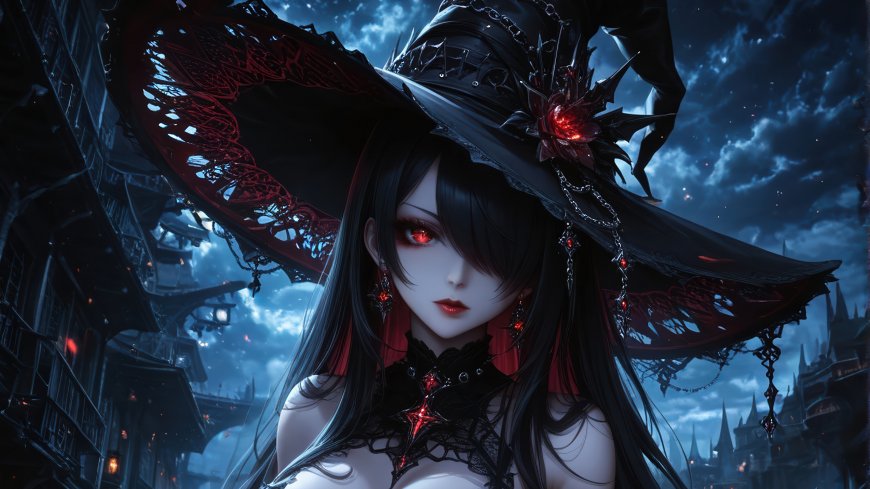 暗黑哥特风红瞳魔女少女神秘氛围创意电脑壁纸