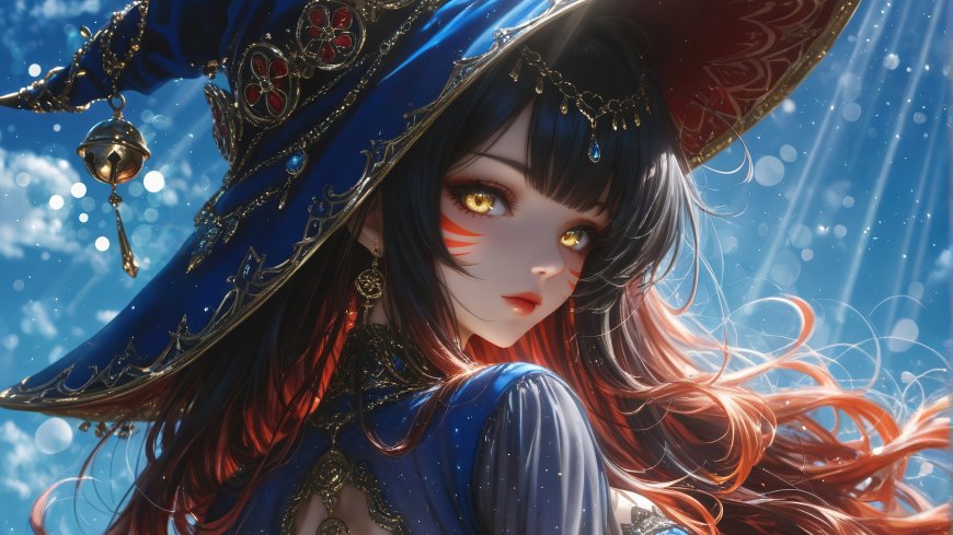 华丽魔法师金瞳黑发少女星空背景唯美动漫电脑壁纸