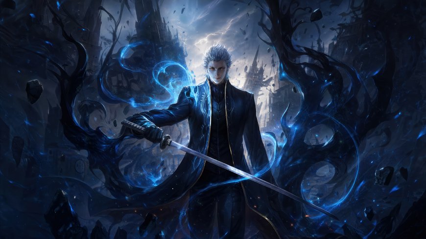 鬼泣维吉尔银发持剑蓝色魔力暗黑废墟游戏电脑壁纸