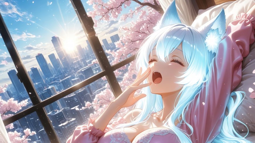 二次元原创狐娘泠藻蓝发猫耳少女樱花城市晨光动漫电脑壁纸