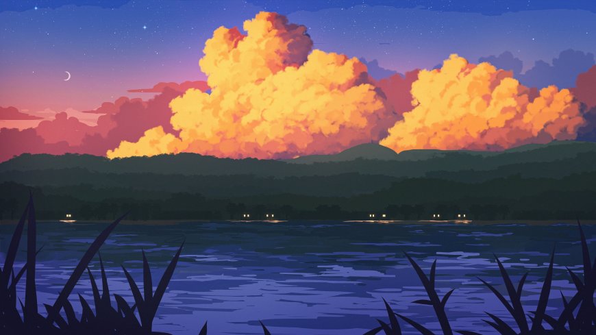 橙云映湖月升山峦星夜静谧插画电脑壁纸