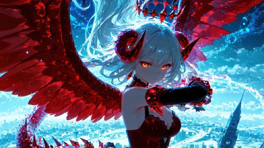 红翼恶魔白发少女城市上空俯瞰视角创意电脑壁纸