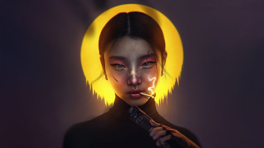 暗黑系美女持枪黄月背景烟雾缭绕人物摄影电脑壁纸