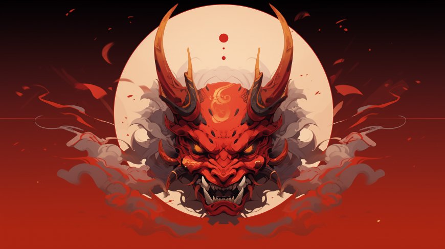 赤鬼面具红月云雾环绕暗黑奇幻风格创意电脑壁纸