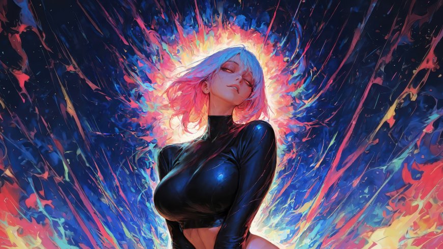 蓝发紧身衣少女彩色能量爆发抽象艺术创意电脑壁纸