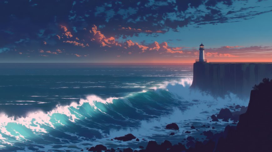 海边悬崖灯塔日落粉云碧浪翻滚动漫风景电脑壁纸