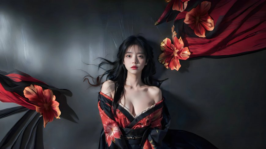 暗黑风红裙美女躺卧红花旁光影cg动漫人像电脑壁纸