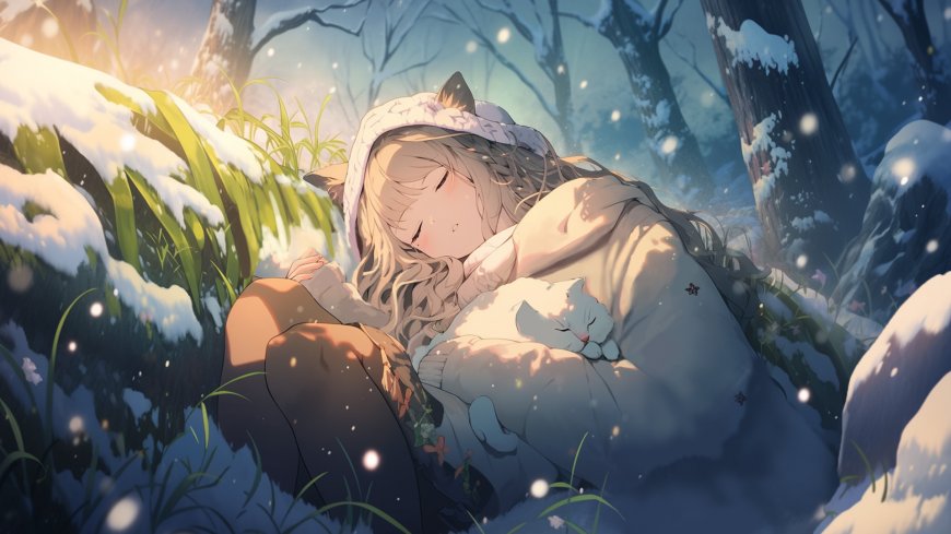 猫耳少女怀抱白猫雪地熟睡温馨治愈动漫壁纸