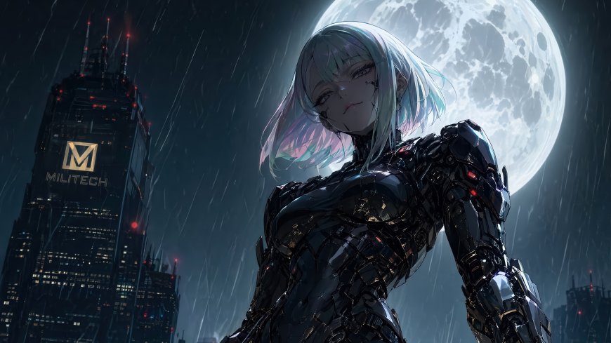 赛博朋克机甲少女月夜雨景未来城市科幻人物电脑壁纸