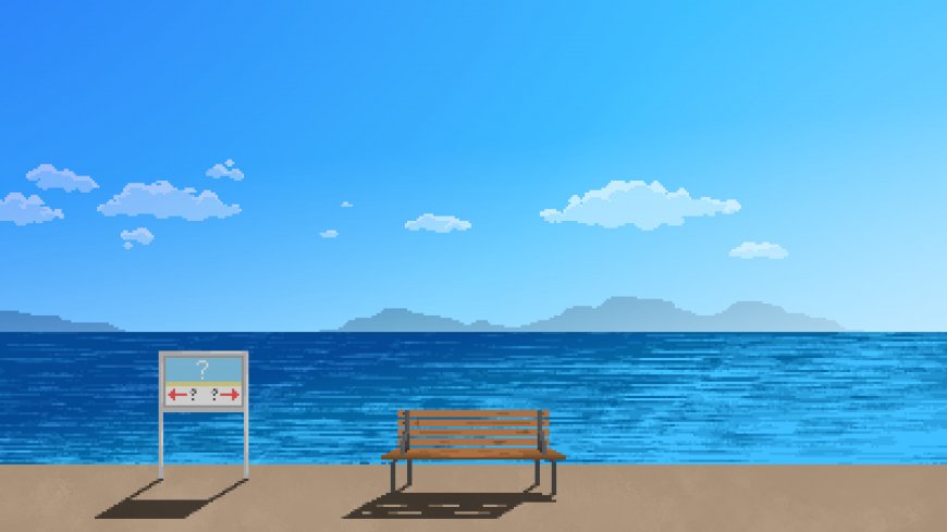 像素风海边长椅与指示牌蓝天白云动漫风景电脑壁纸