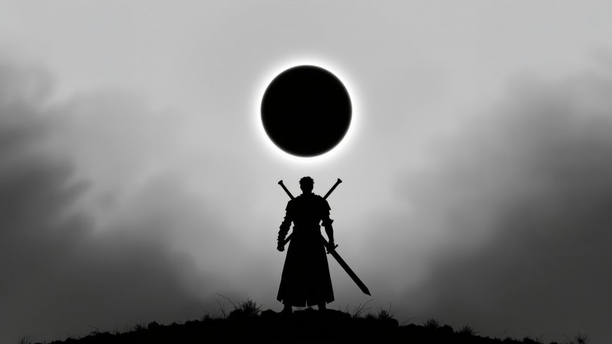 双剑武士剪影日食背景暗黑意境人物插画电脑壁纸