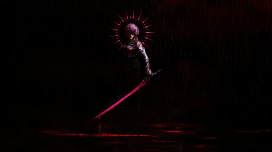 绫音持血刃雨夜红光暗黑动漫少女电脑壁纸