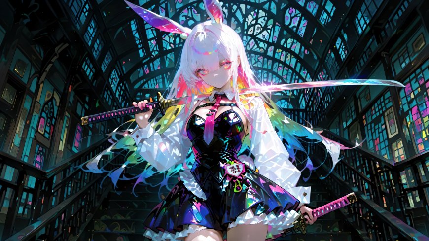兔耳少女肩扛武士长刀赛博朋克风动漫壁纸