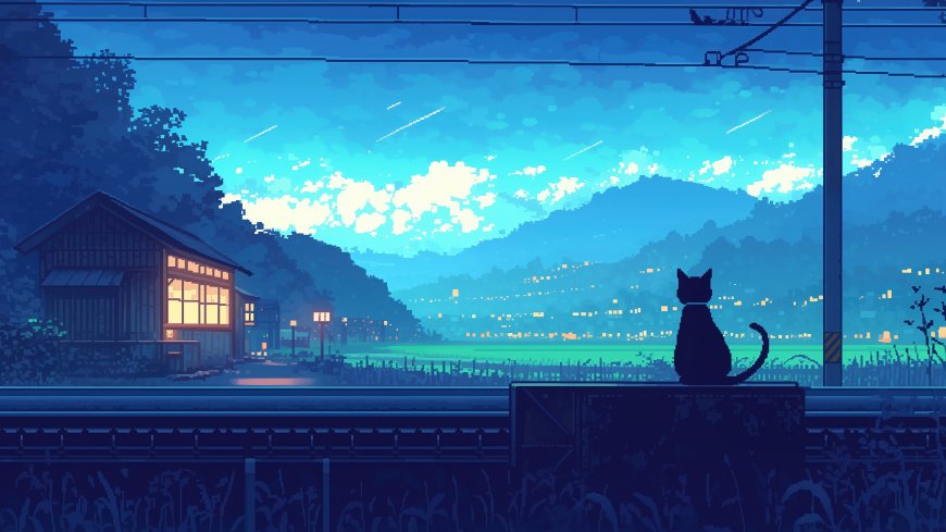像素风黑猫坐站台远山灯火宁静夜晚风景电脑壁纸