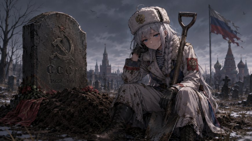 苏维埃少女坐于CCCP墓碑旁雪地哀悼动漫壁纸