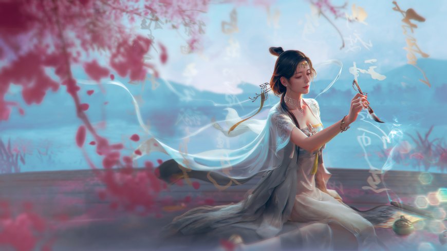 天涯明月刀古风美女持笔樱花飞舞仙侠人物电脑壁纸
