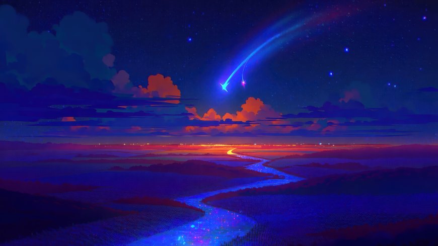 流星划破紫蓝夜空河流蜿蜒梦幻动漫风景电脑壁纸