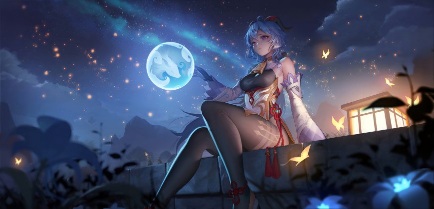 原神甘雨夜空托举冰球星光环绕静谧唯美动漫少女电脑壁纸