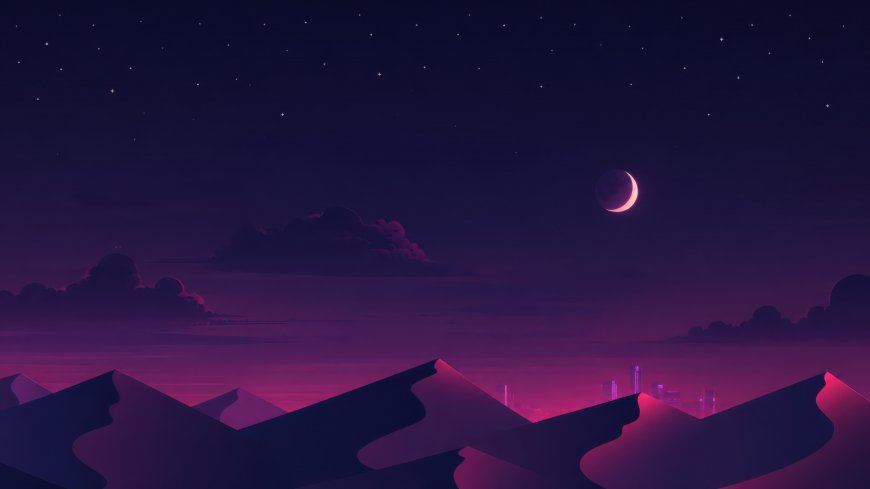 紫色星空月牙悬空山峦剪影梦幻创意电脑壁纸