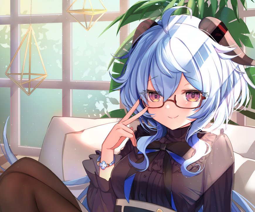 原神甘雨戴眼镜比剪刀手室内绿植环绕温柔知性动漫少女电脑壁纸