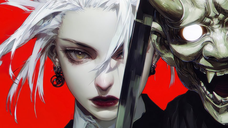 咒术回战白发少女持刀暗黑风格创意电脑壁纸