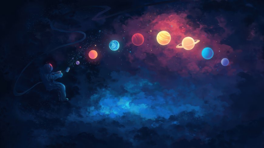 宇航员坐云端观七彩星球梦幻星空创意电脑壁纸