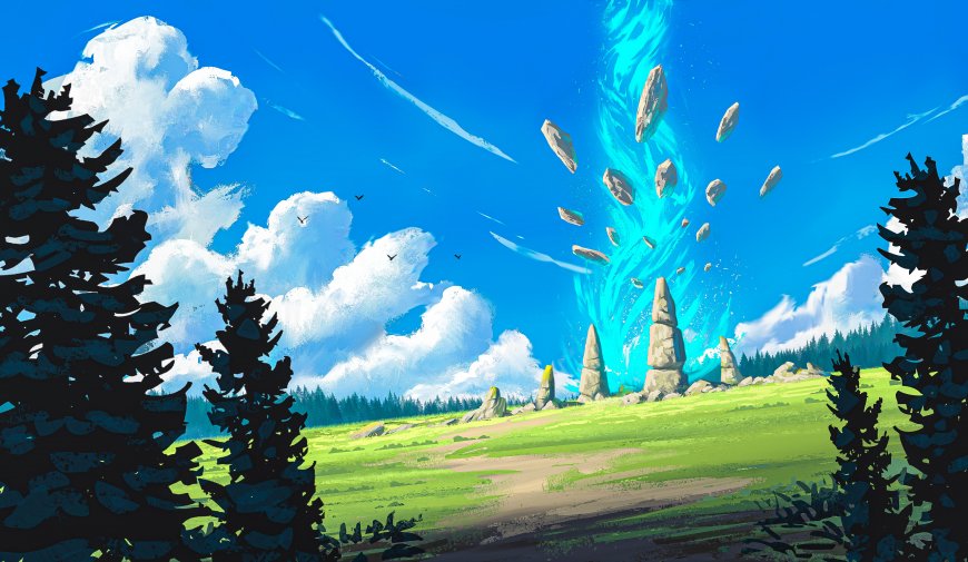 奇幻森林悬浮巨石蓝光瀑布绿草地动漫风景电脑壁纸