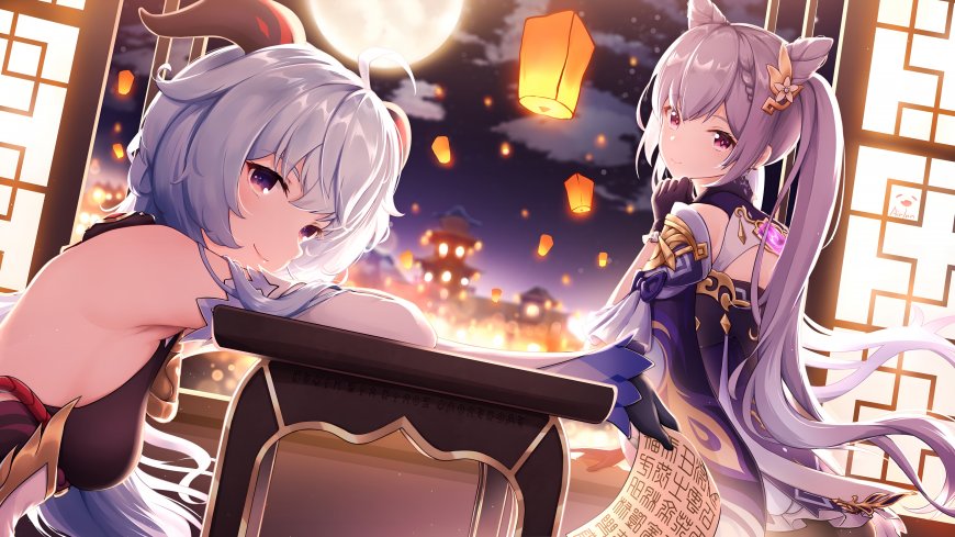 原神甘雨刻晴月夜灯会凭栏相望孔明灯漫天浪漫氛围动漫少女电脑壁纸
