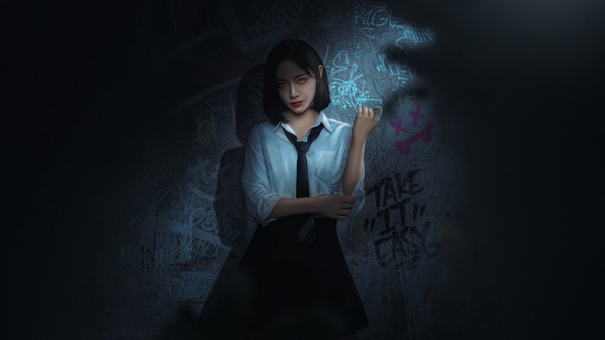 许佳琪校服红瞳涂鸦墙暗黑风少女插画人物电脑壁纸