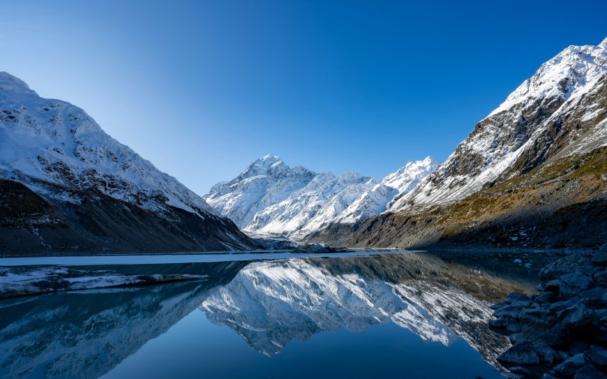 新西兰库克山雪峰倒映冰湖纯净自然山水风光风景电脑壁纸