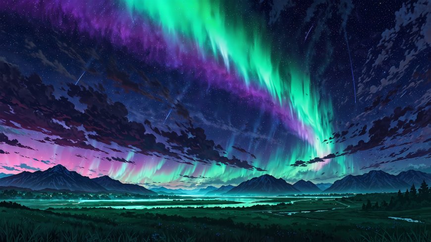 极光划破夜空映照山川湖泊唯美风景壁纸